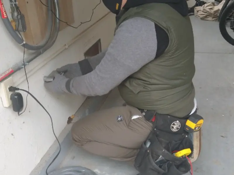 Electrician performing outlet wiring in a White Settlement garage
